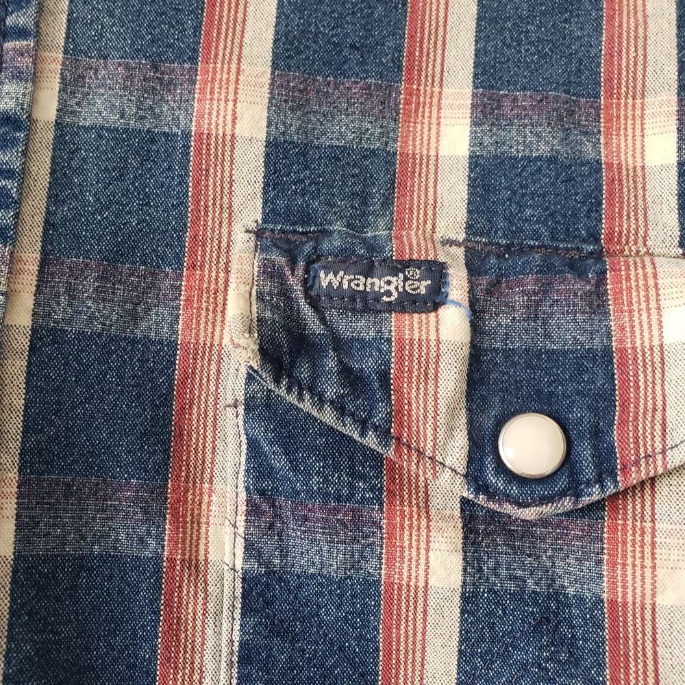 Slim Fit LRG Wrangler Mens Red White Blue Denim Plaid Button Up Western Shirt - Picture 3 of 14